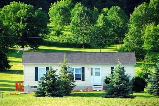 nice home surrounded by green grass OH so green yum yum I am cow and I munch grass